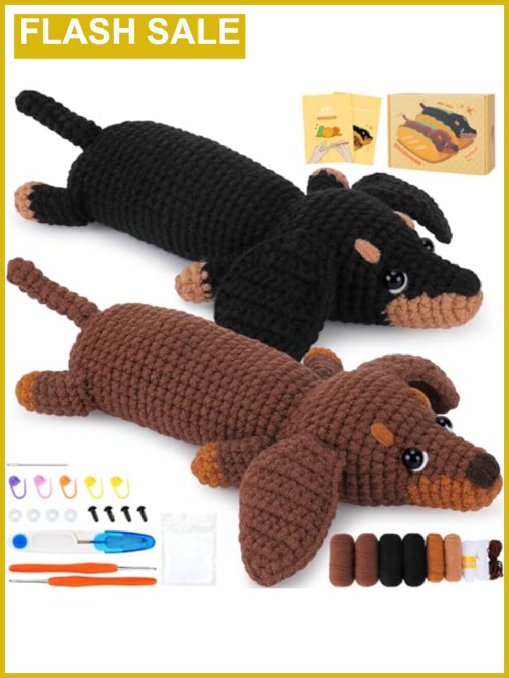 Crochet Kit for Beginners 2 Dachshund Amigurumi Set with Hooks Yarn Tutorials